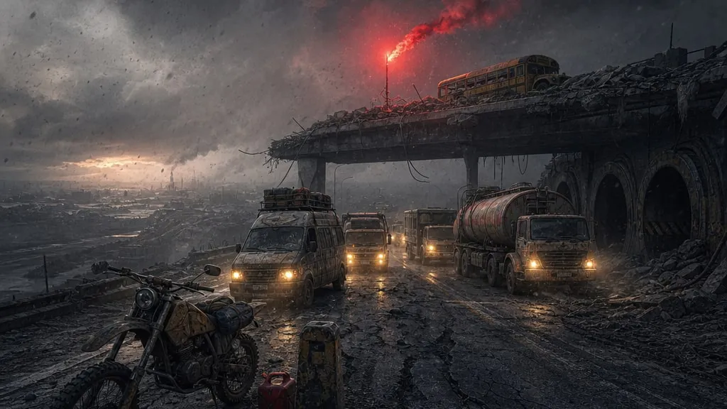 A convoy of battered vehicles on a highway under an ash-darkened sky, a red flare in the distance