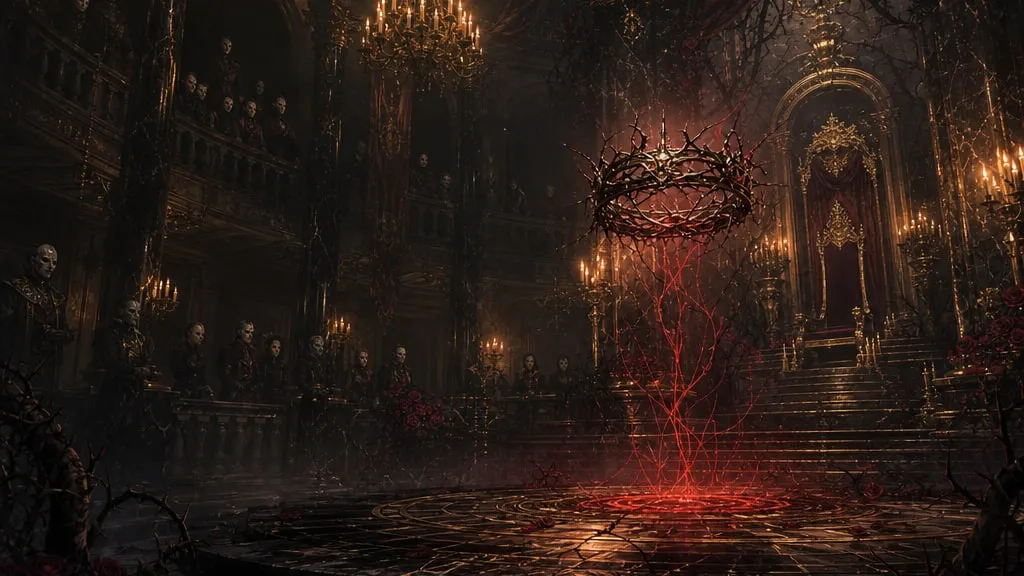 A dark gothic throne room lit by candles, with an ornate cursed crown at its center