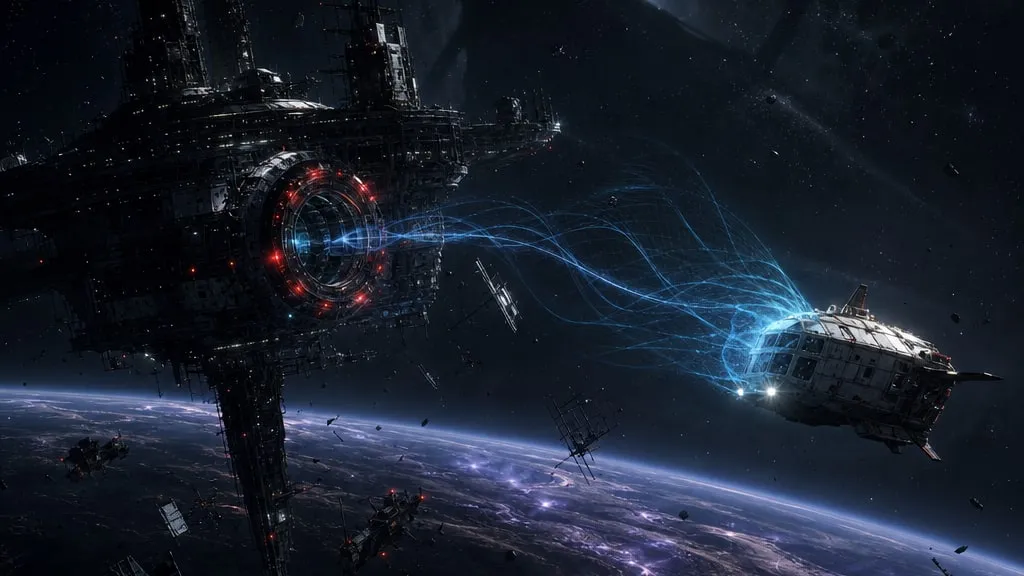 A derelict orbital station silhouetted against a dark planet, one light still burning
