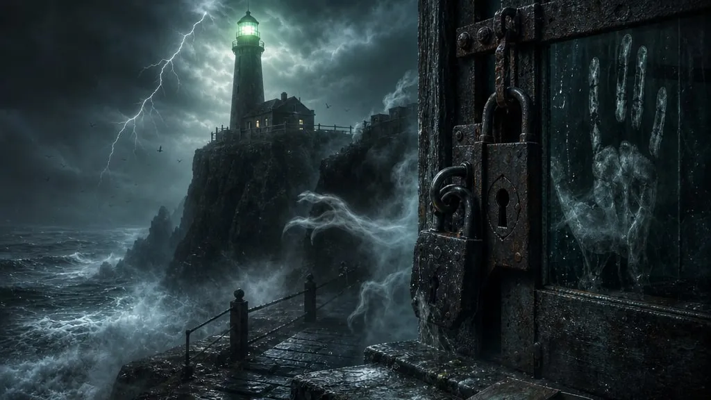 A lighthouse on a storm-battered rock, its lamp glowing an eerie green through fog